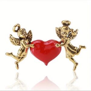 Brooch- 2 angels holding center heart, NIP, approx 2.1x1.3”, comp display case